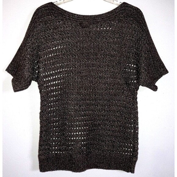 CHICO'S sz M / sz 1 Open Knit Umber Gold Sparkly Top Boat Neck Raglan Sleeve - Picture 2 of 4